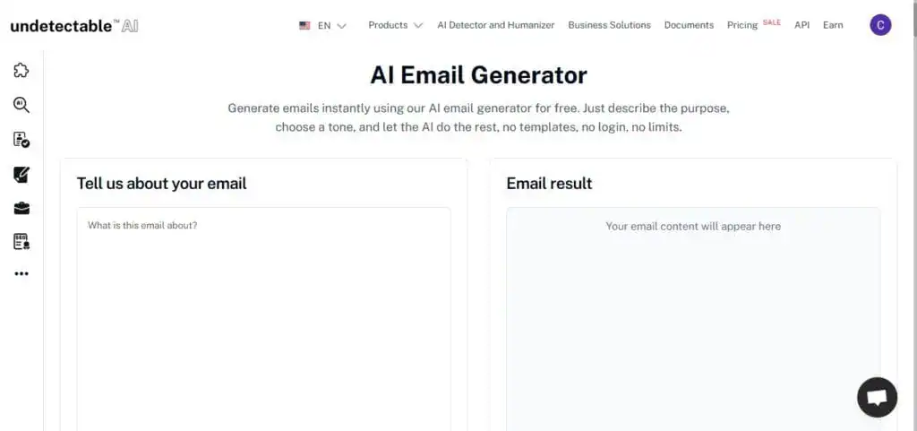 Undetectable AI's AI Email Generator tool screenshot