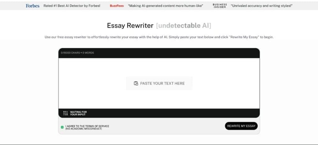 AI Essay Rewriter homepage undetectable ai