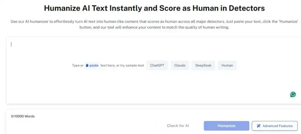 Comment écrire une critique de livre : Un guide pratique avec des exemples 7 Capture d'écran de l'interface de l'outil AI Humanizer d'Undetectable AI.