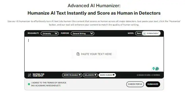 Screenshot of Advanced AI Humanizer from Undetectable AI tool interface