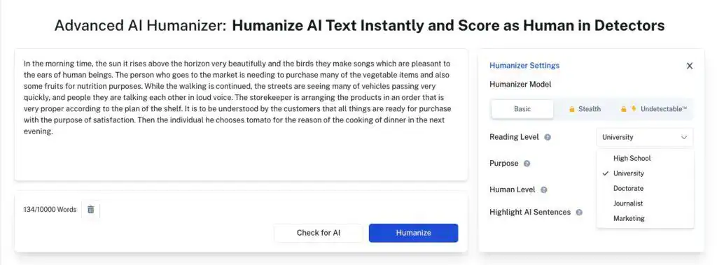 Screnshot di AI Humanizer per alluminio o alluminio