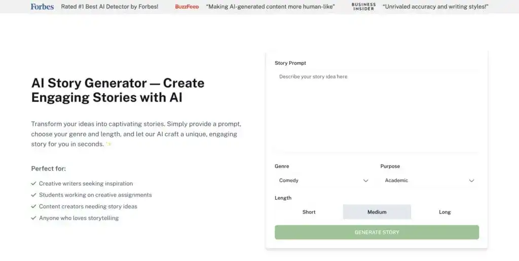 Screenshot of Undetectable AI Story Generator tool interface.