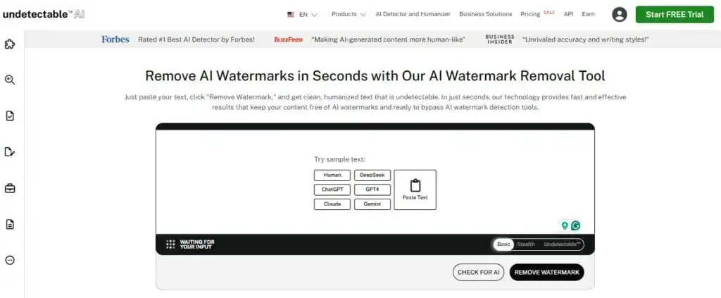 Screenshot of Undetectable AI's Remove AI Watermarks tool