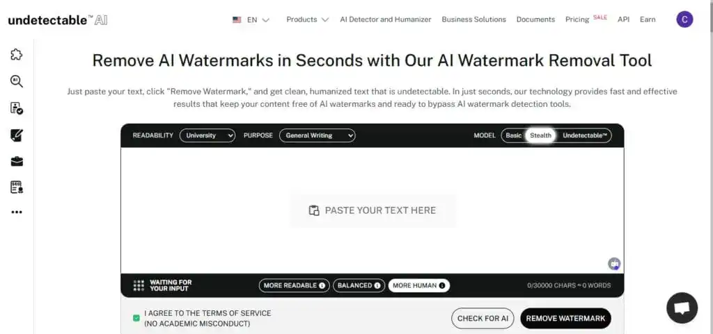 Undetectable AI's AI Text Watermark Remover tool screenshot