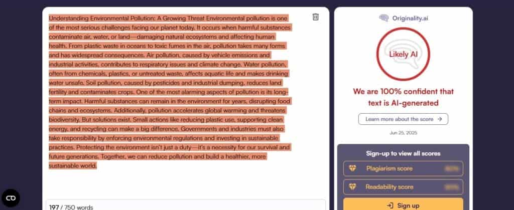 Cómo saber si AI escribió un ensayo: 5 métodos eficaces 6 Screenshot of Originality.ai Advanced Scan showing AI detection results for submitted text