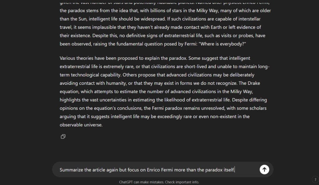 User typing a prompt into ChatGPT about summarizing an article