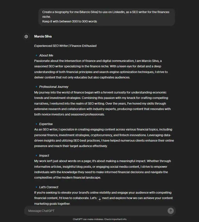 Comment rédiger une bio professionnelle en 7 étapes faciles 6 ChatGPT donne un résultat pour créer une biographie pour Marcio Silva sur LinkedIn en tant que SEO Writer