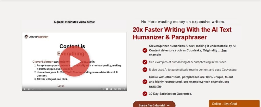 Screenshot showing the CleverSpinner homepage