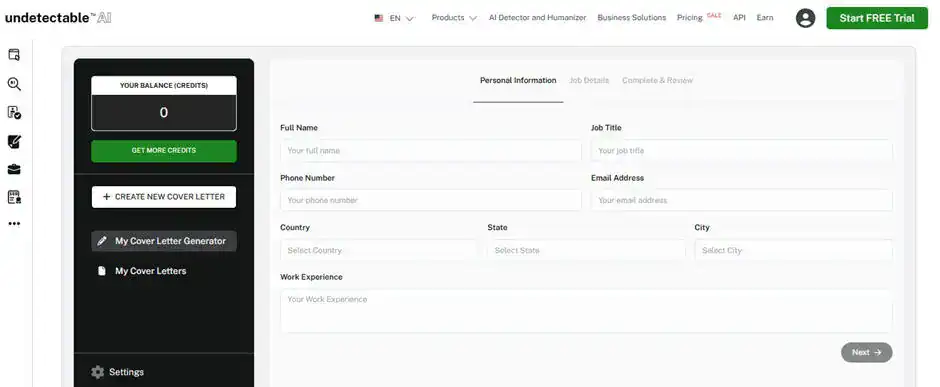 Schermata del generatore di lettere di presentazione di Undetectable AI con l'inserimento di dati personali