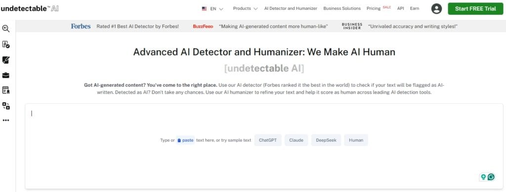 Captura de pantalla de Undetectable AI en la que se muestra la interfaz de las herramientas Advanced AI Detector y Humanizer.