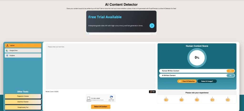 Screenshot of DupliChecker AI Content Detector tool interface.