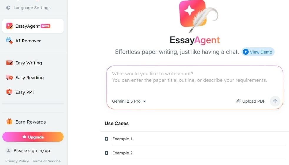 EasyEssay EssayAgent screenshot showing AI essay generation interface