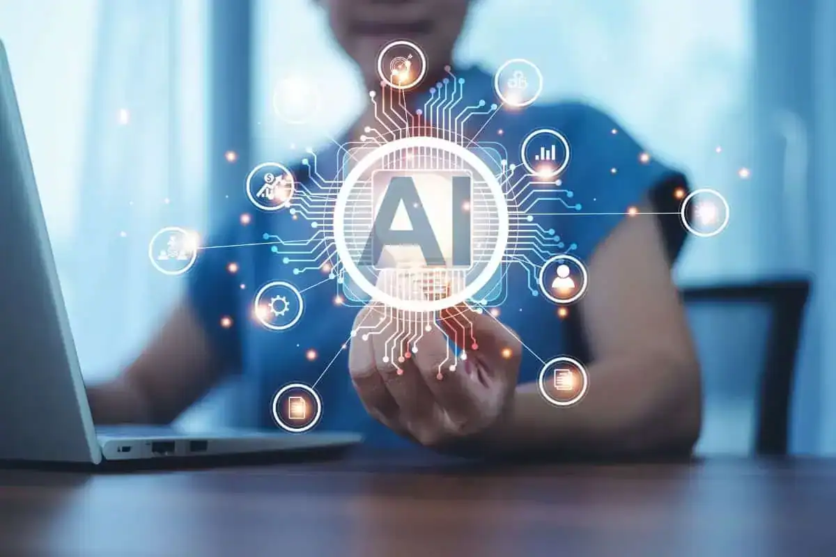 Women using ai technology search on internet for marketing data analysis