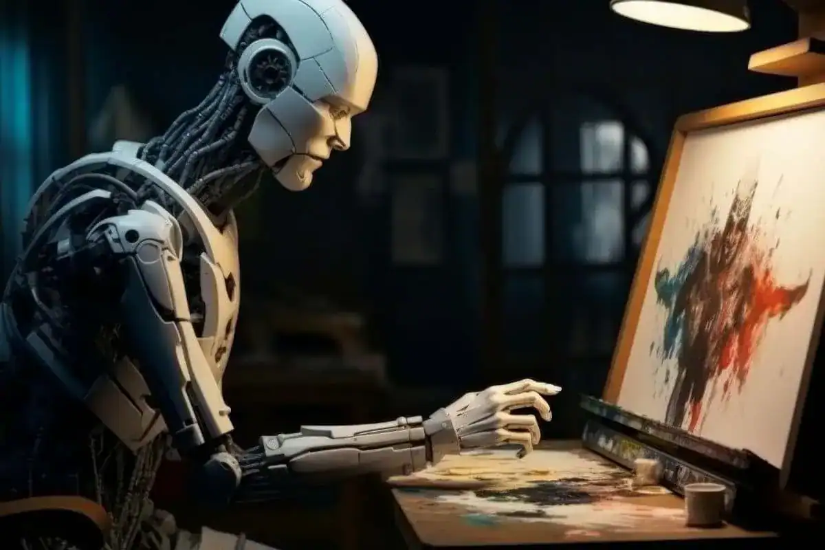 AI-generated image of a robot painting on a canvas