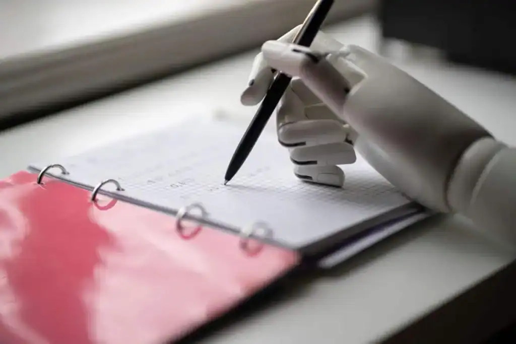 The artificial robotic arm write down some notes with pen