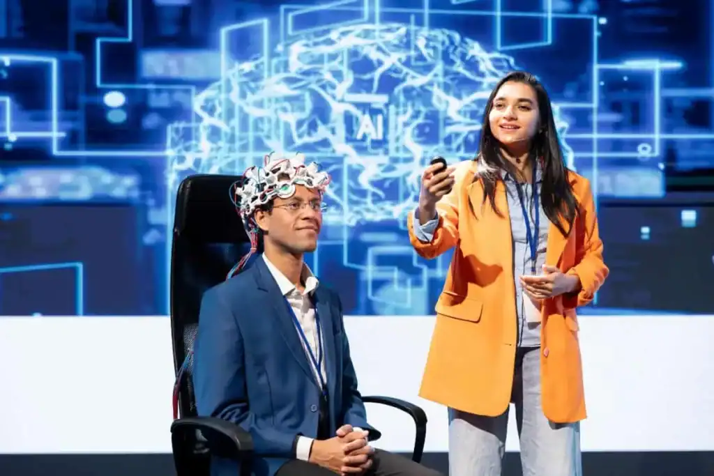 Innovative tech startup workers at tech event presenting latest ai