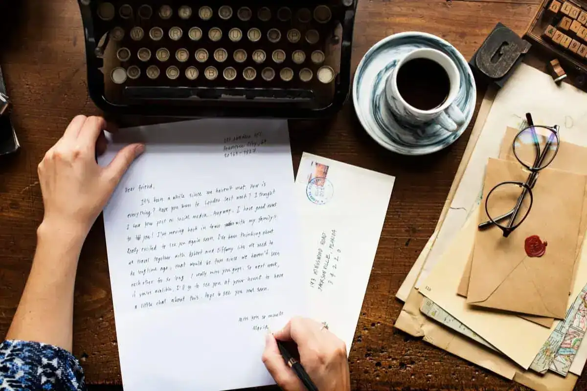 Hands writing the letter on wooden table in aerial view