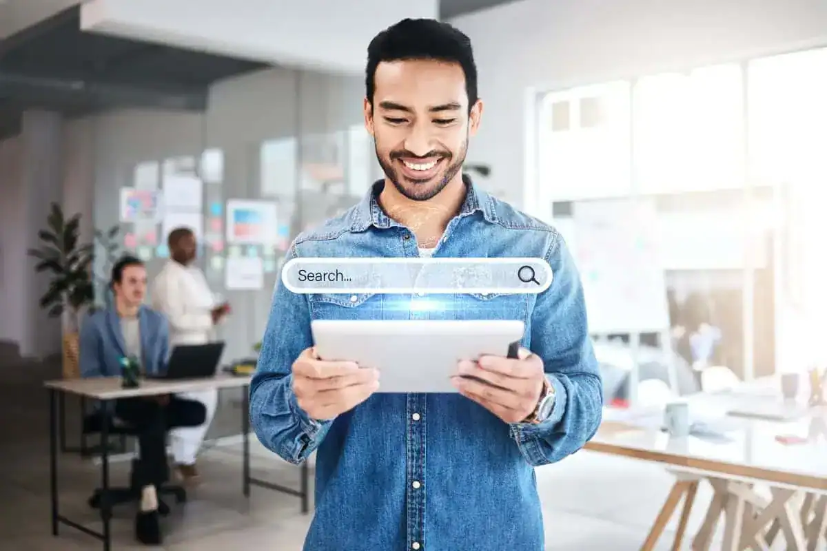 Businessman tablet or search engine hologram for information