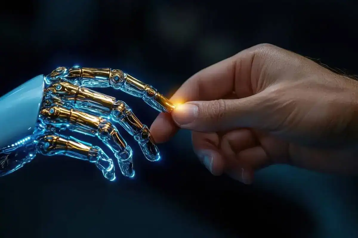 Hand reaching to touch robot fingertip symbolizing human ai connection
