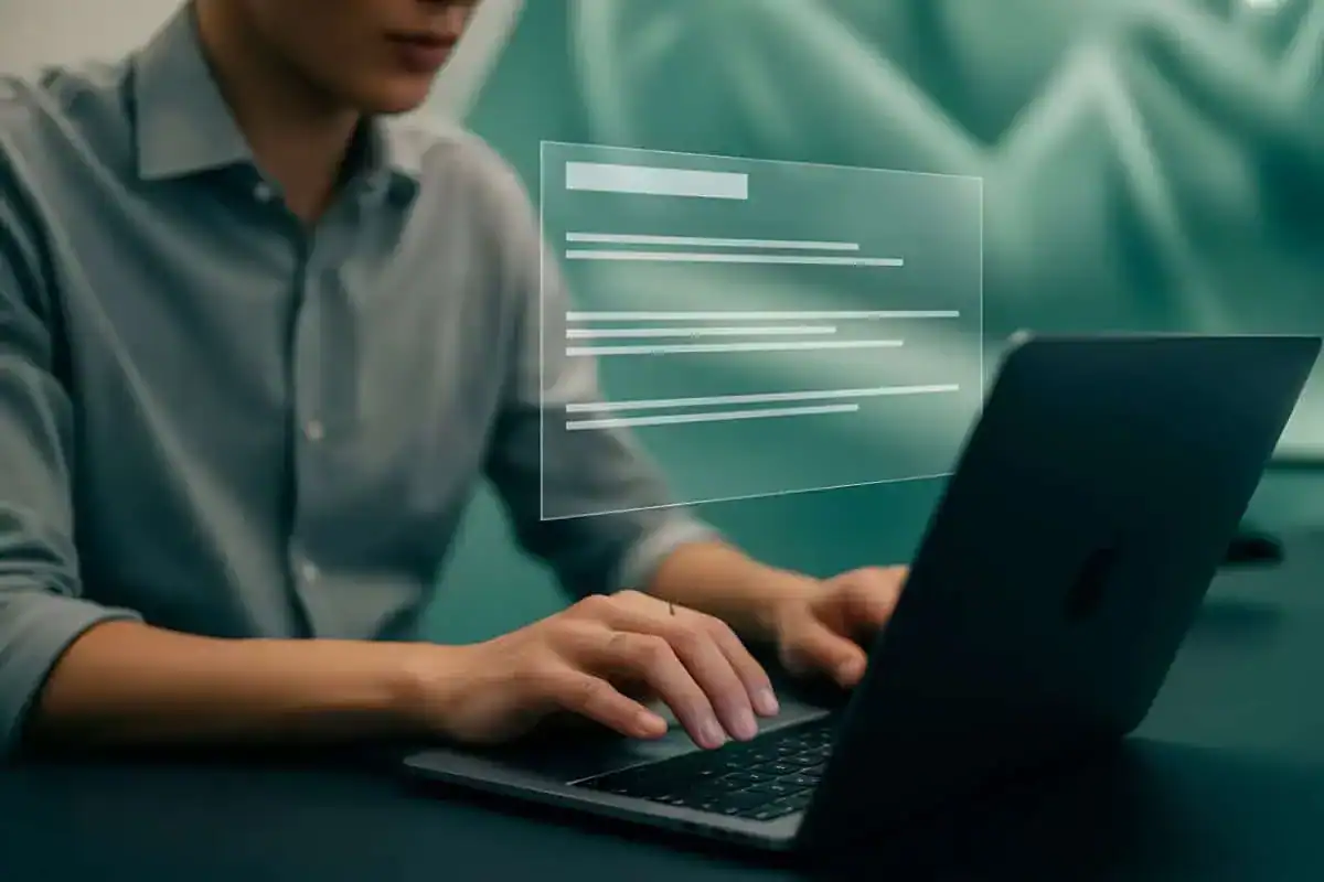 Focused professional typing on laptop with augmented reality screen