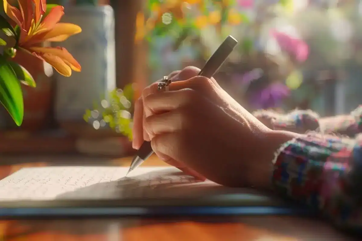 A person writing on a piece of paper with a pen in it