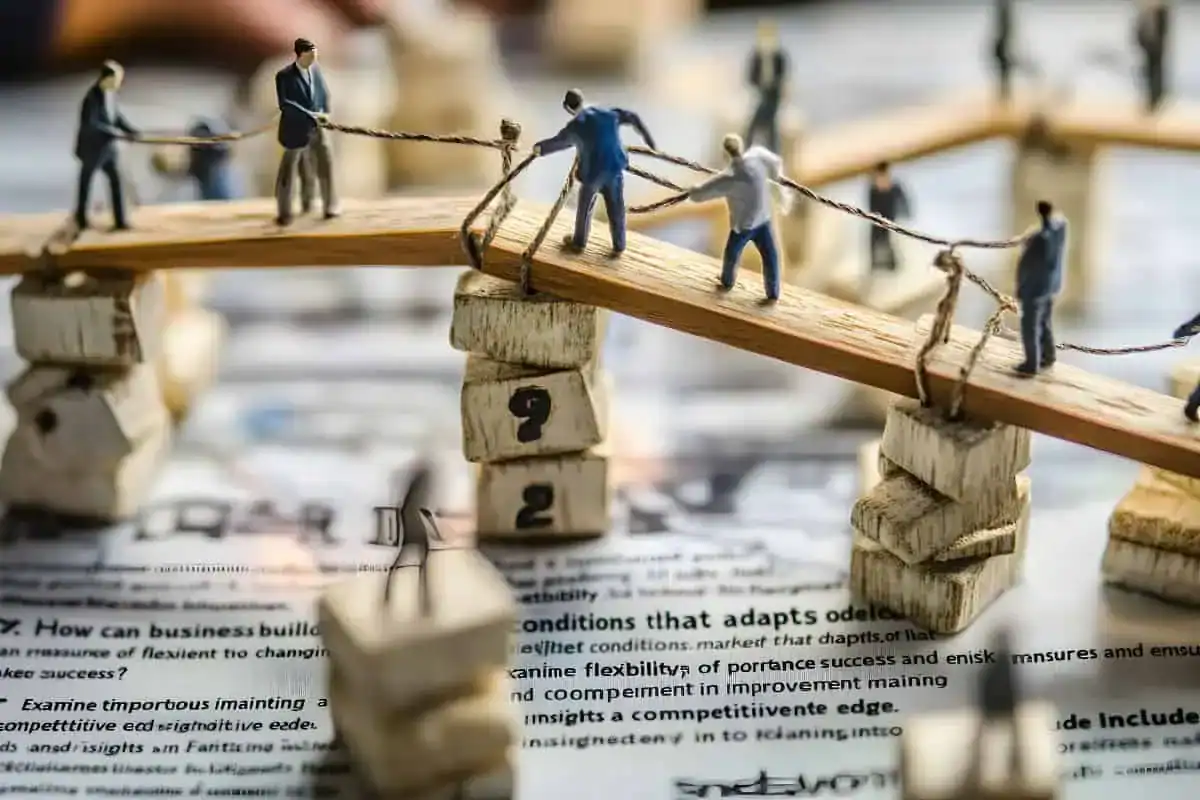 Miniature figures pulling a rope on a wooden bridge