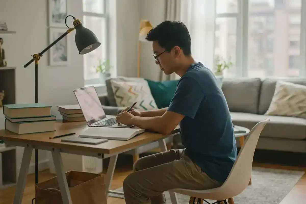 Young asian man studying or working at home with laptop