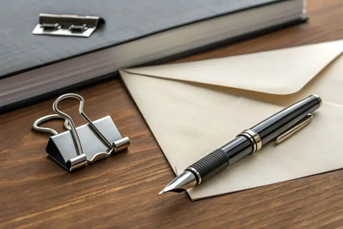 Fountain pen envelope and binder clip on wooden desk