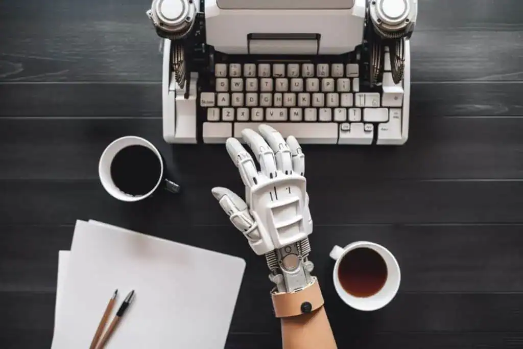 Photo topdown flat lay of robot hand using typewriter
