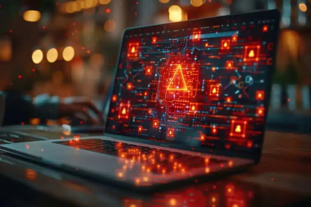 ChatGPT-Contenu généré : Quels sont les risques potentiels ? 5 A glowing triangle symbol on a laptop screen with network data