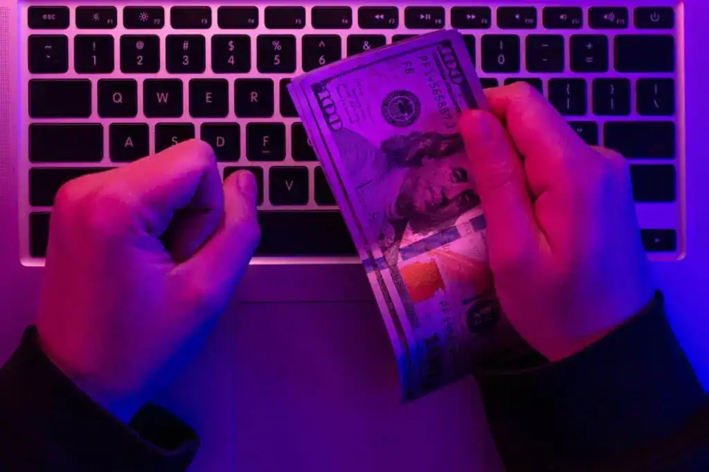 Money in male hands on the background of a laptop