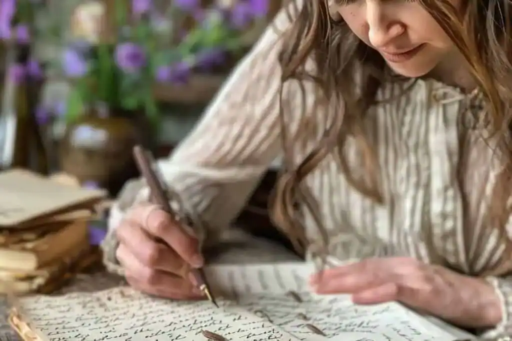 A woman writing in a notebook with a pen in her hand