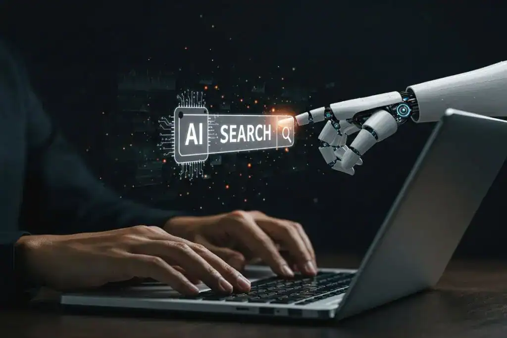 Ai search human interaction with robotic technology on a laptop