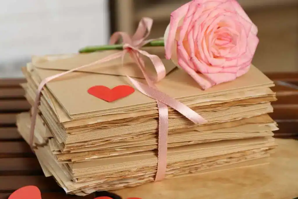 Stack of love letters parchment sheet quill rose flower and red hearts