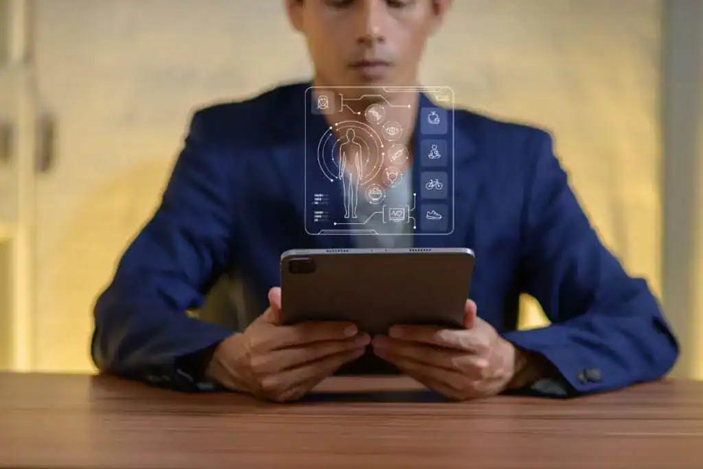 Modern technology in health care with tablet and digital interface
