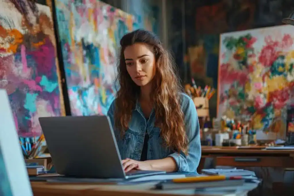 Wie man ein aussagekräftiges Artist Statement schreibt (mit Beispielen) 4 Young woman artist using laptop in studio