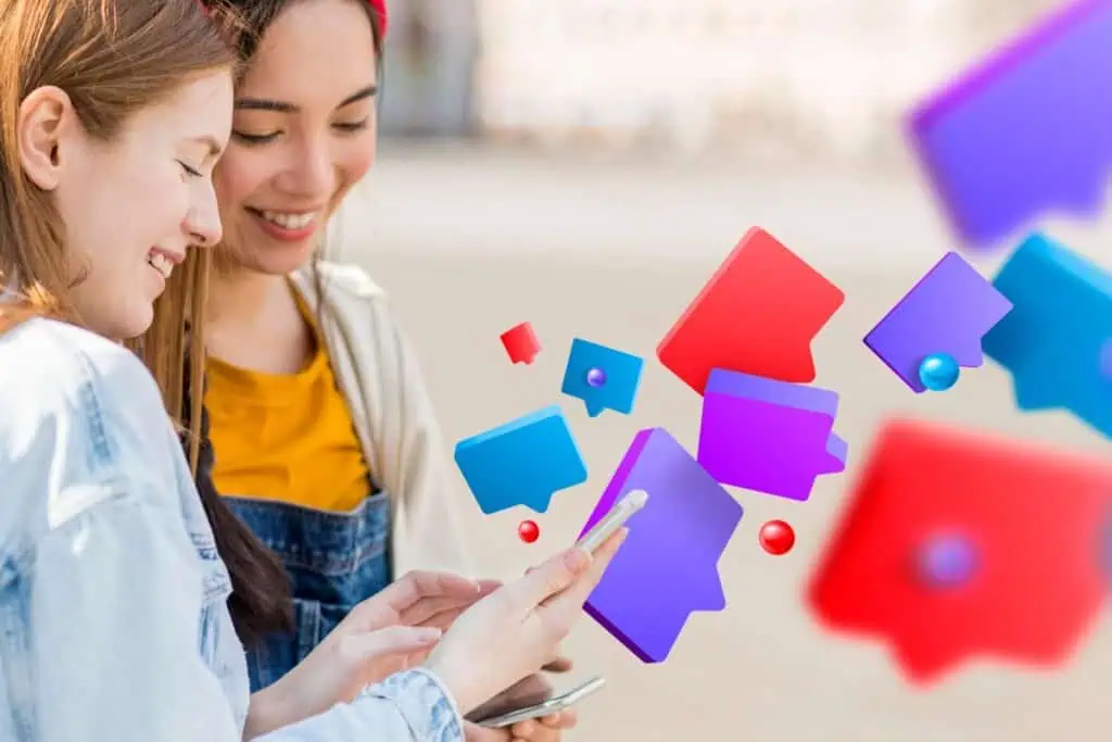 Teenager using smartphone device with social media symbols composition