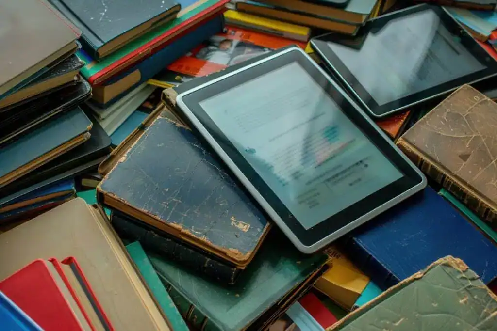 A closeup image of tablets and ereaders displaying educational materials