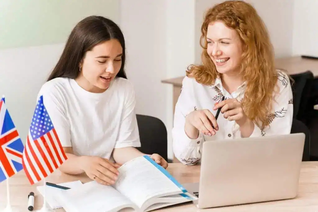 Foreign school private study, smile, laught with a school girl