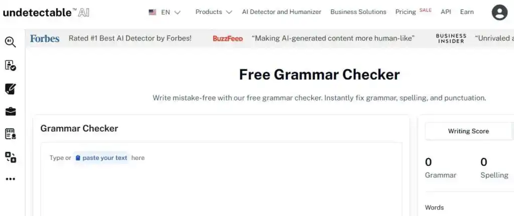 Undetectable AI free grammar checker screenshot