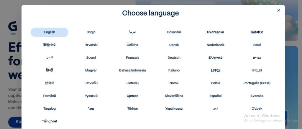 screenshot of gamma AI language