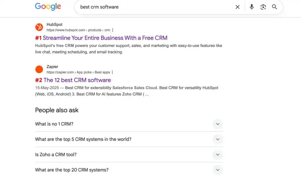 Comment utiliser l'IA pour créer du contenu bien classé (sans se faire pénaliser) 4 Screenshot of Google keyword “Best CRM Software%22