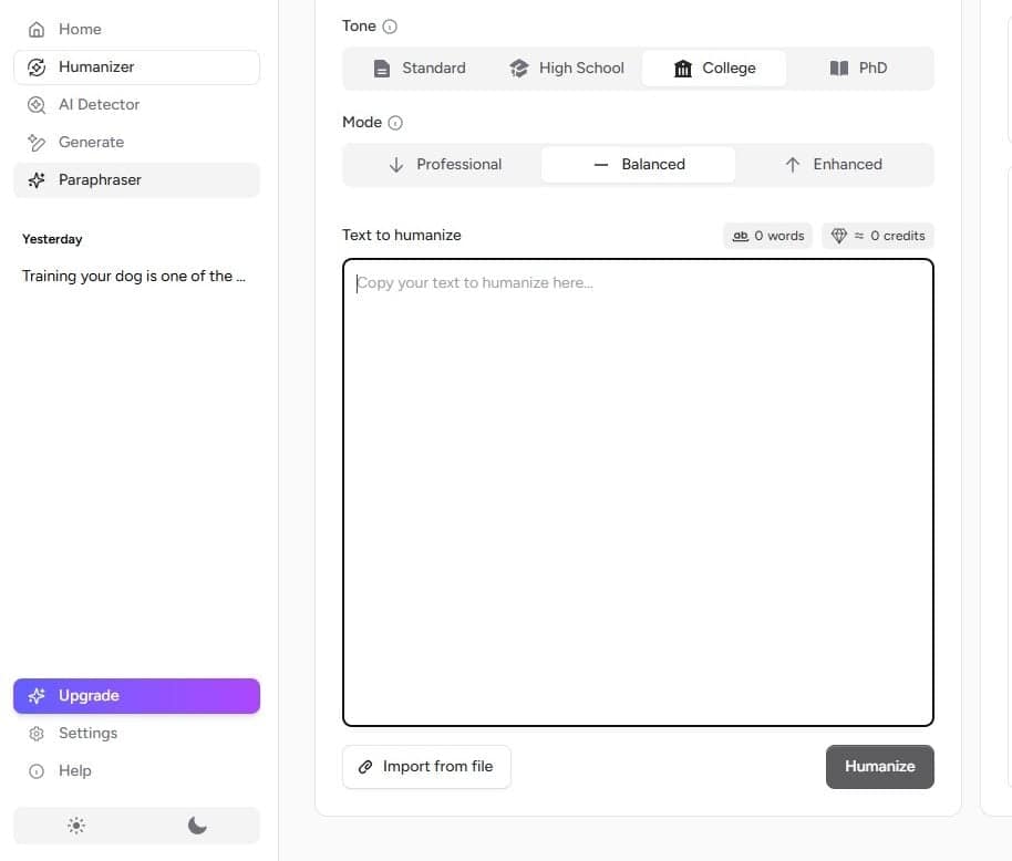 Análise do GPTHuman AI: ele consegue enganar os detectores de IA? 5 Screenshot showing GPTHuman Humanizer AI tool