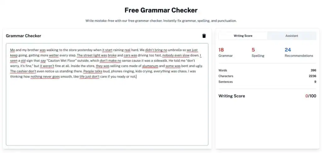 Schermata del Controllo grammaticale con l'uso dell'alluminio per le parole
