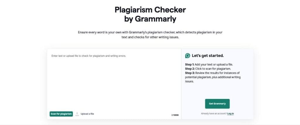 Guía de definiciones: Parafraseadores, humanizadores y detectores de IA 6 Homepage of Grammarly's Plagiarism Checker displaying the tool's interface
