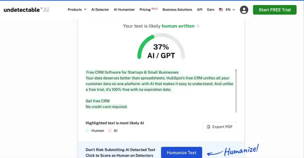 Comment utiliser l'IA pour créer du contenu bien classé (sans se faire pénaliser) 5 Capture d'écran du score IA « Hubspot-37% » après analyse par l'outil de détection d'Undetectable AI
