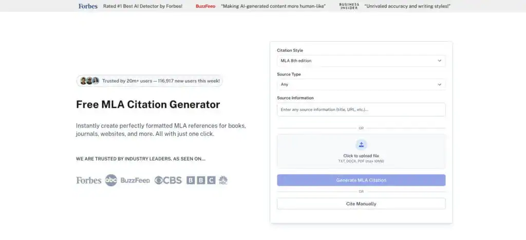 Screenshot of Undetectable AI's MLA Citation Generator
