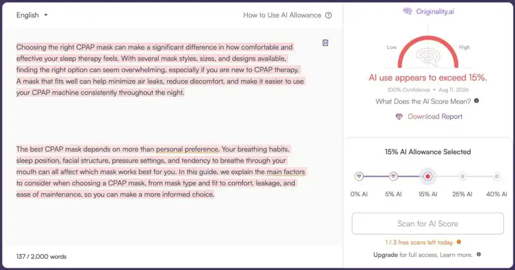 Screenshot del punteggio di un esempio di Originality AI-ChatGPT