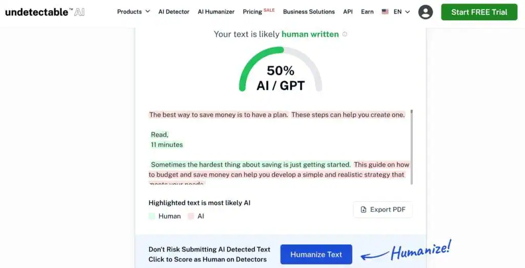 Comment utiliser l'IA pour créer du contenu bien classé (sans se faire pénaliser) 10 Une capture d'écran de la page classée #2 pour exactement le même mot-clé affichait un score plus « humain » de 50%.