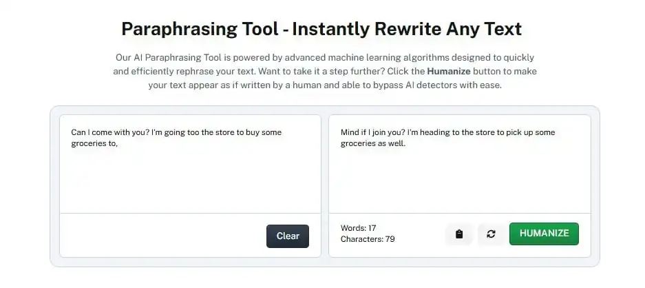 Screenshot of a paraphrasing tool dashboard displaying input and output text boxes